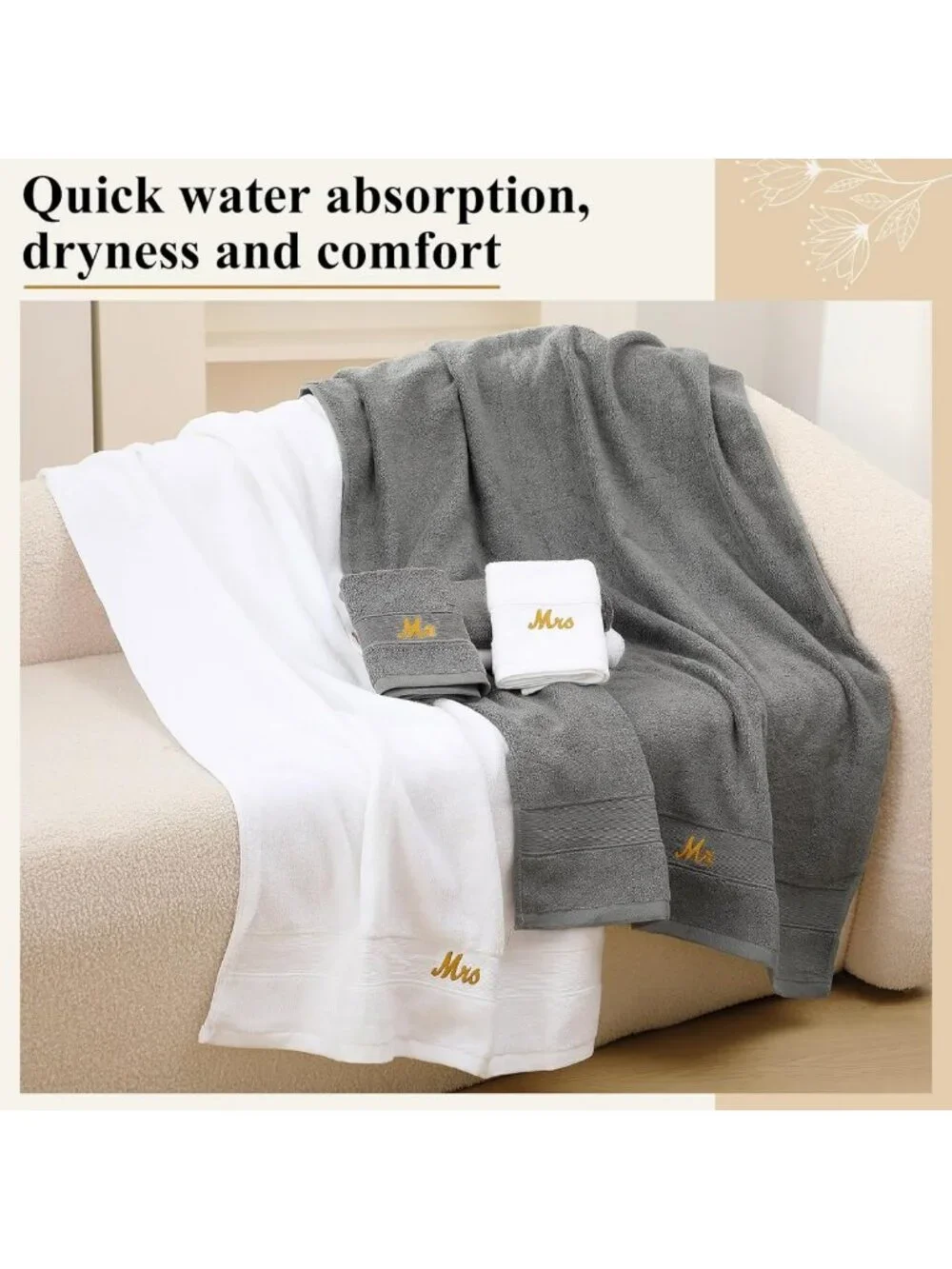 Couples Mr & Mrs Towel Set, 6 Pcs, Soft Grey & White, Perfect Wedding Gift